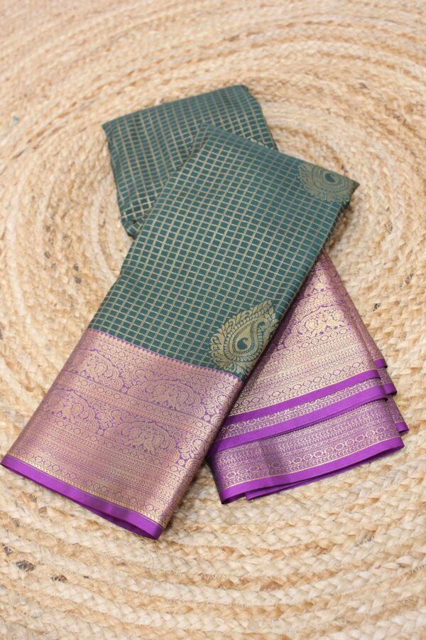 Zari Checks with Mango Motifs Semi Kanchi Saree - Image 8