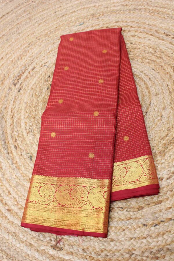 Red Checks & Buttas Pure 3gm Zari Handloom Kanchi Silk Saree