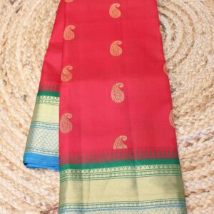 Red with Green & Blue Border Pure 2gm Zari Gadwal Silk Saree