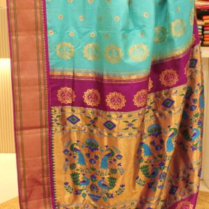 Turquoise Blue & Purple Border with Meenakari Pure 2gm Zari Paithani Silk Saree