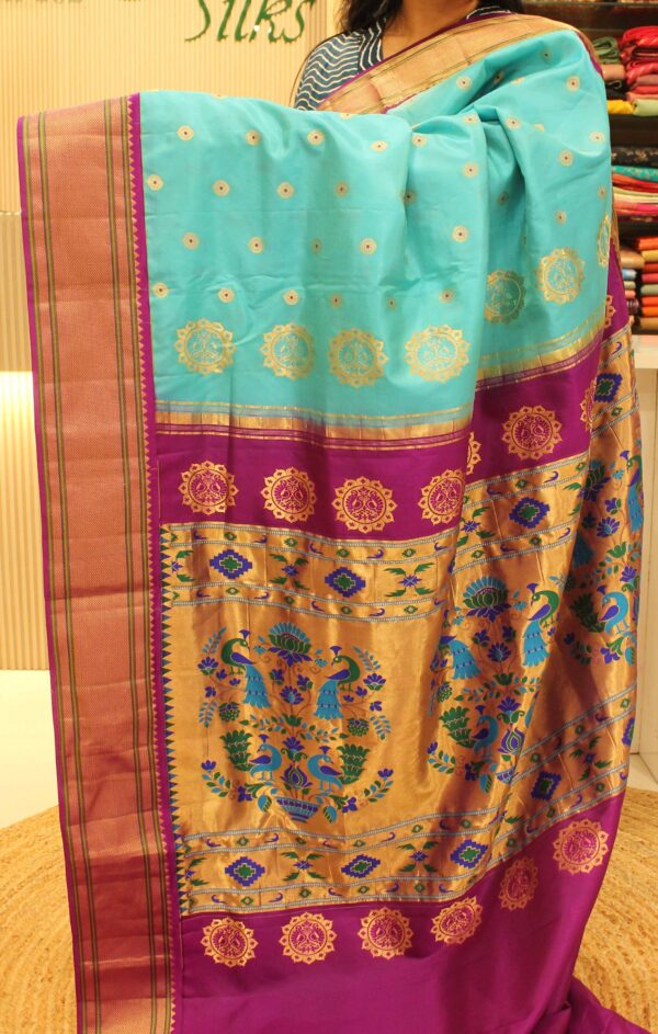 Turquoise Blue & Purple Border with Meenakari Pure 2gm Zari Paithani Silk Saree