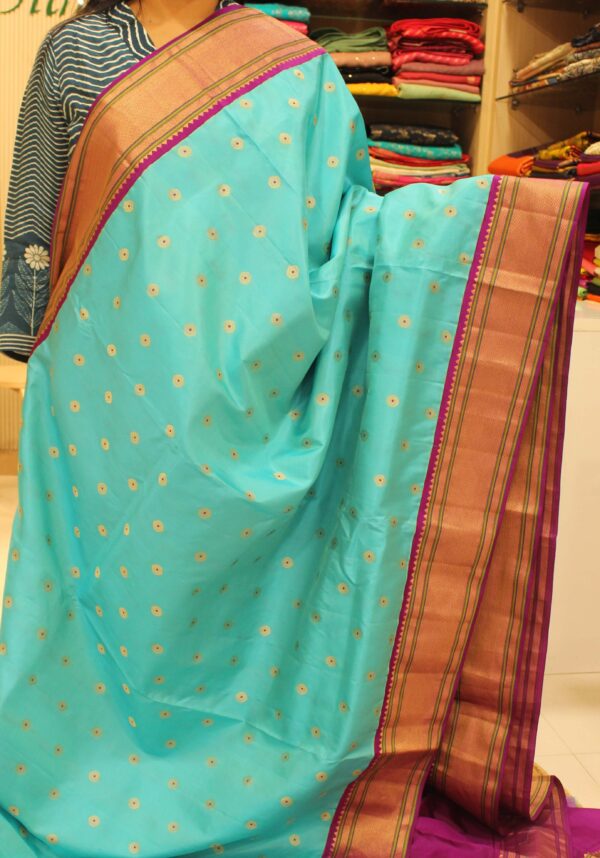 Turquoise Blue & Purple Border with Meenakari Pure 2gm Zari Paithani Silk Saree - Image 2