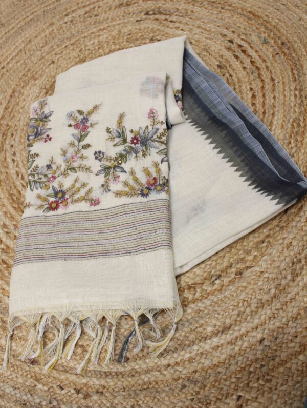 Embroidery Floral Motifs and Kantha Work Linen Tissue Saree - Image 5