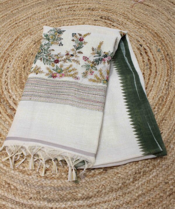 Embroidery Floral Motifs and Kantha Work Linen Tissue Saree - Image 4