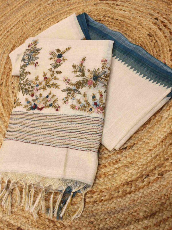 Embroidery Floral Motifs and Kantha Work Linen Tissue Saree