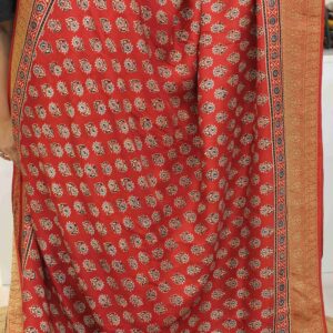 Black & Red Knot Kantha work with Ajrakh Prints Pure Dola Silk Saree