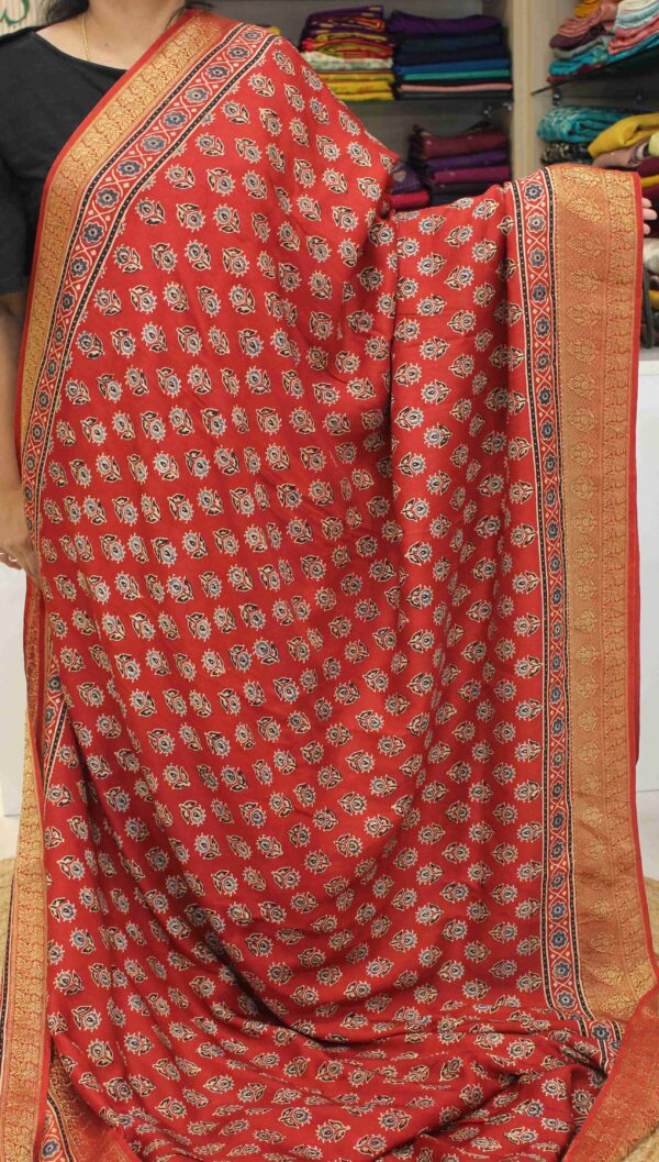 Black & Red Knot Kantha work with Ajrakh Prints Pure Dola Silk Saree