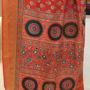 Alternative view of Black & Red Knot Kantha work with Ajrakh Prints Pure Dola Silk Saree