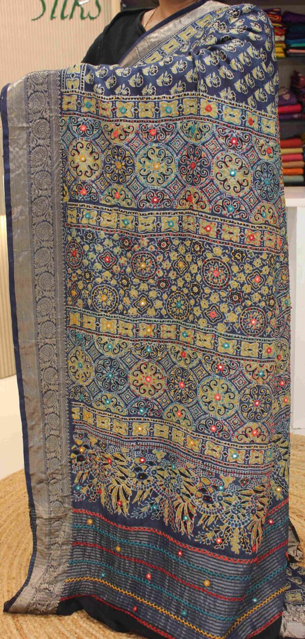 Blue and Yellow Knot and Kantha work with Ajrakh Prints Pure Dola Silk Saree - Image 2