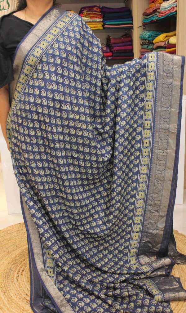 Blue and Yellow Knot and Kantha work with Ajrakh Prints Pure Dola Silk Saree