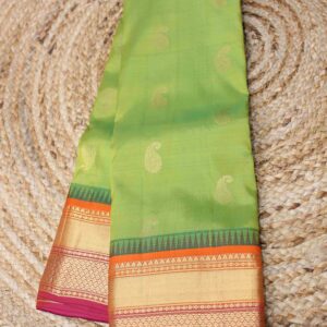 Green with Orange & Pink Border Pure 2gm Zari Gadwal Silk Saree