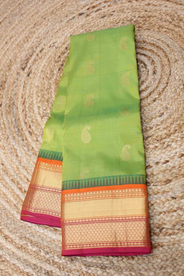 Green with Orange & Pink Border Pure 2gm Zari Gadwal Silk Saree