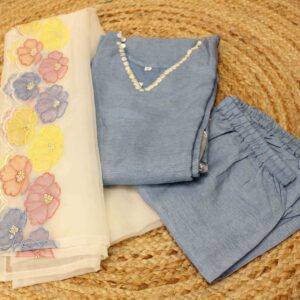 Alternative view of Powder Blue Kurta with Embroidery & Scallop Hem Designer Kurta Set