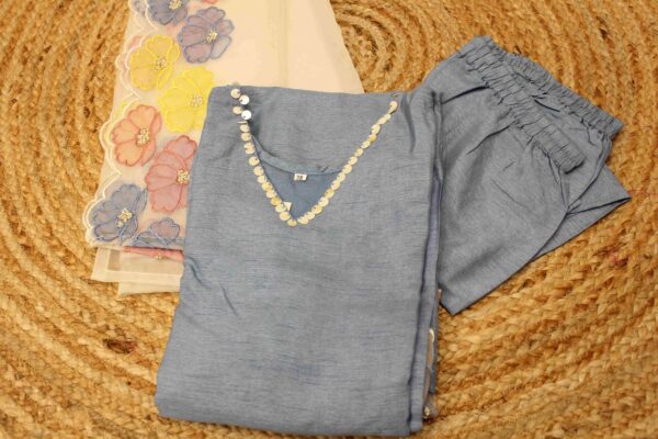 Powder Blue Kurta with Embroidery & Scallop Hem Designer Kurta Set - Image 3