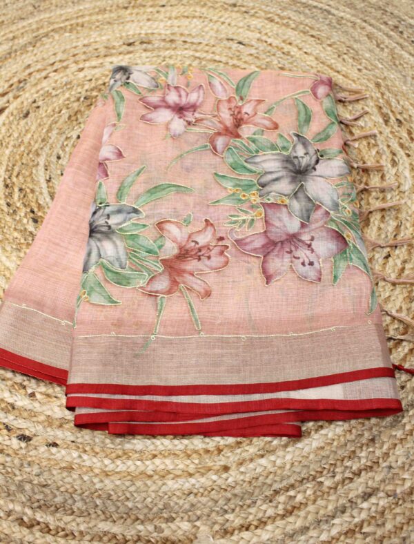 Floral Prints with Aari work Lenin Tissue Saree - Image 2
