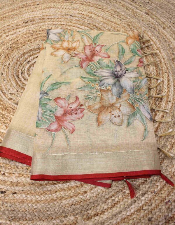 Floral Prints with Aari work Lenin Tissue Saree - Image 3