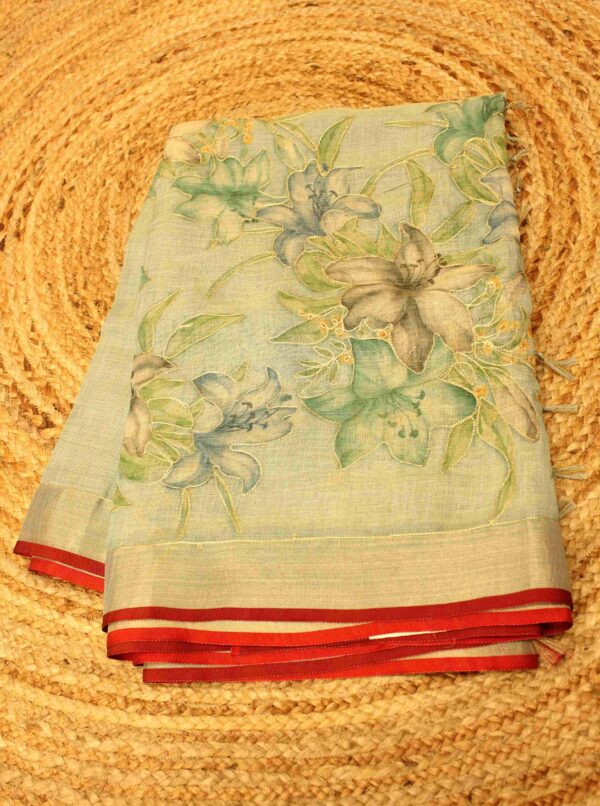 Floral Prints with Aari work Lenin Tissue Saree - Image 4