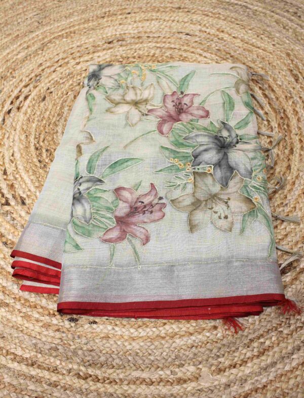 Floral Prints with Aari work Lenin Tissue Saree - Image 5