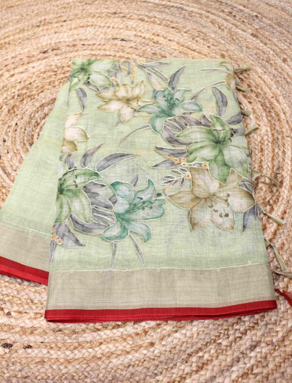 Floral Prints with Aari work Lenin Tissue Saree - Image 6