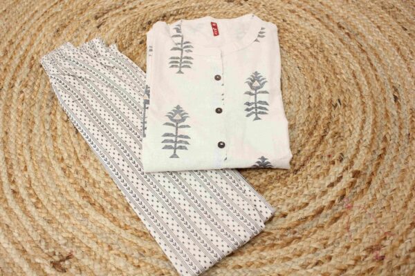 Off White with Black Motifs Lenin Kurta and Bottom