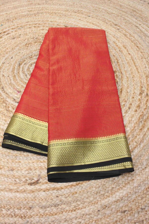 Zari Woven Horizontal Lines Pure Mysore Crepe Silk Saree - Image 3