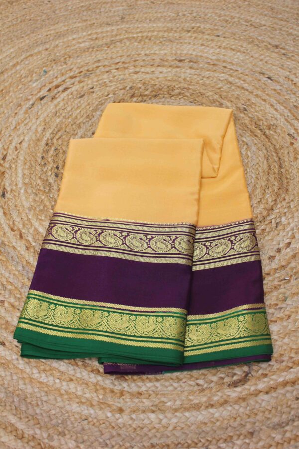 Pale Orange Purple and Green Mango Bentex Border 3D Pure Mysore Crepe Silk Saree