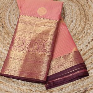 Peach and Maroon Zari Checks with Big Border Semi Kanchi Saree
