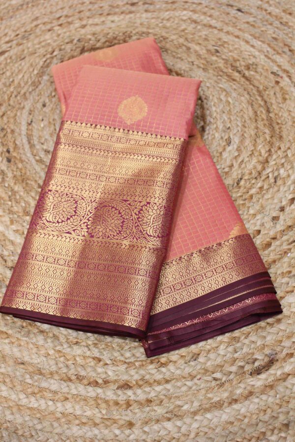 Peach and Maroon Zari Checks with Big Border Semi Kanchi Saree