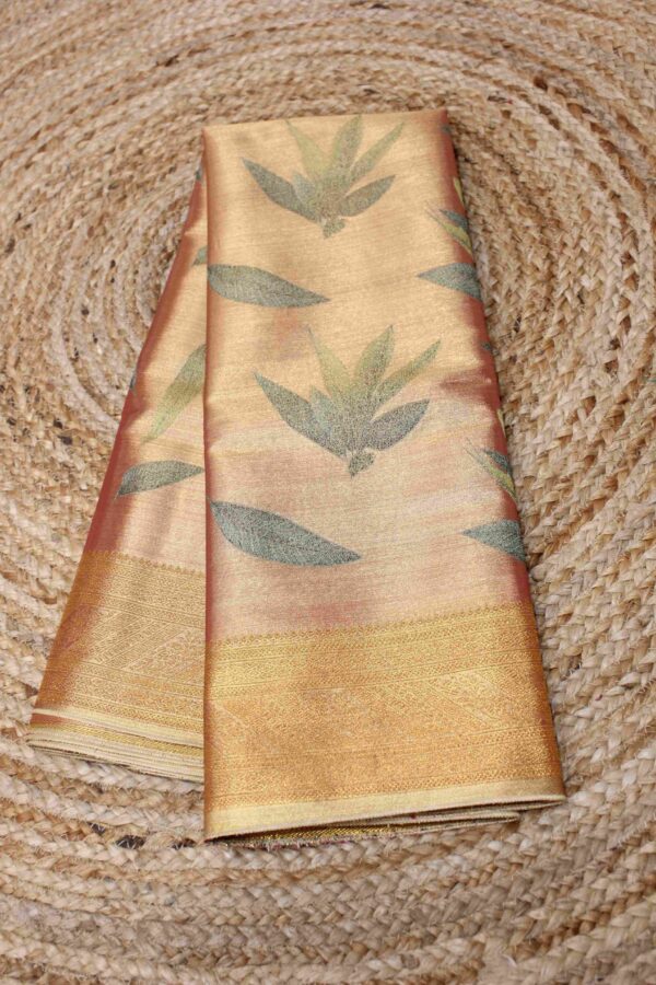 Leaves Motifs Woven Semi Kanchi Tissue Saree - Image 2