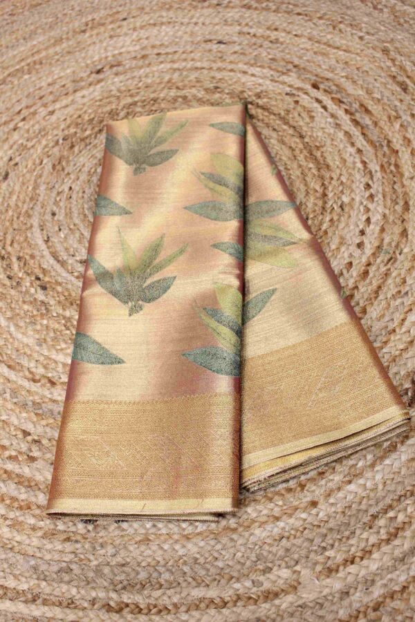 Leaves Motifs Woven Semi Kanchi Tissue Saree - Image 3