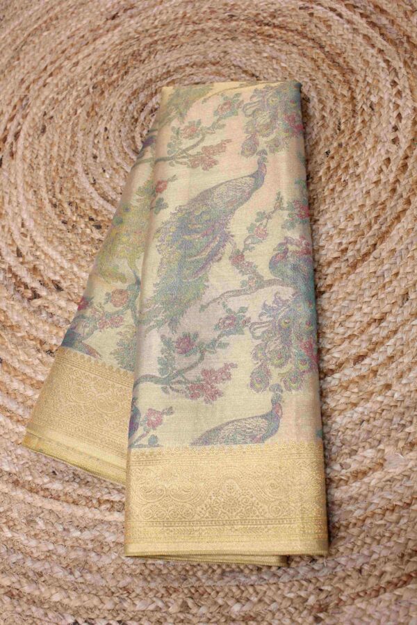 Gold - Peacock Motifs Woven with Meenakari Semi Kanchi Tissue Saree