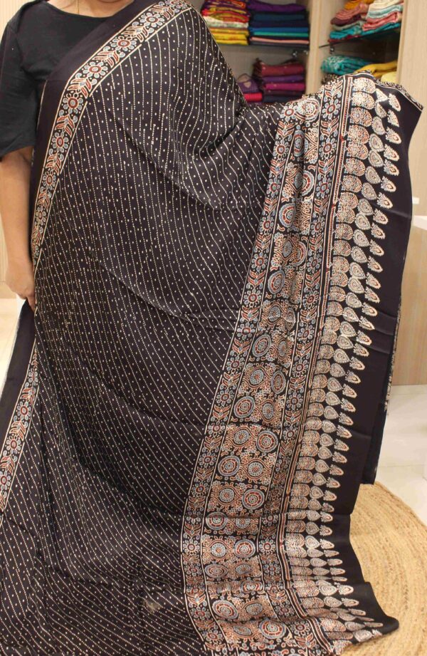 Black with Diagonal Dotted Lines Ajrakh Prints Pure Modal Silk Saree
