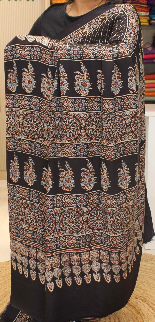 Black with Diagonal Dotted Lines Ajrakh Prints Pure Modal Silk Saree - Image 2