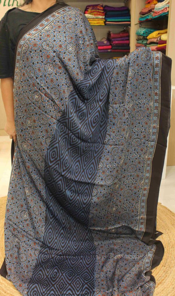 Blue with Geometrical Ajrakh Prints Pure Modal Silk Saree