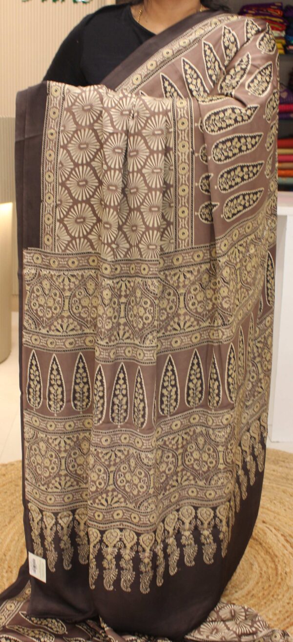 Snuff with Leaf Ajrakh Prints Pure Modal Silk Saree - Image 2