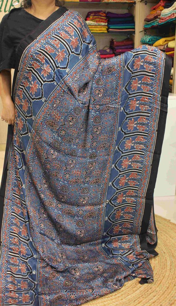 Blue Floral Ajrakh Prints with Big Border Pure Modal Silk Saree