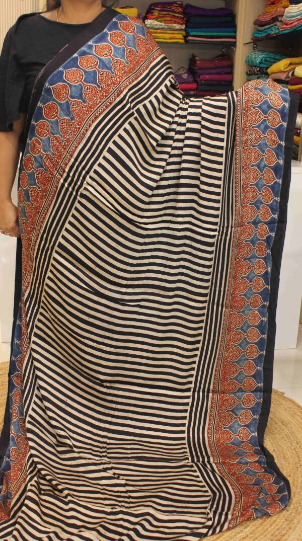 Black & Beige Vertical Stripes Ajrakh Prints with Big Border Pure Modal Silk Saree