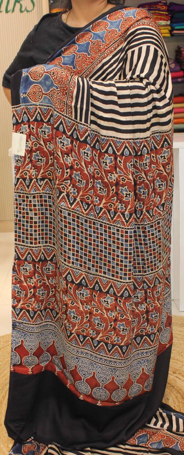 Black & Beige Vertical Stripes Ajrakh Prints with Big Border Pure Modal Silk Saree - Image 2