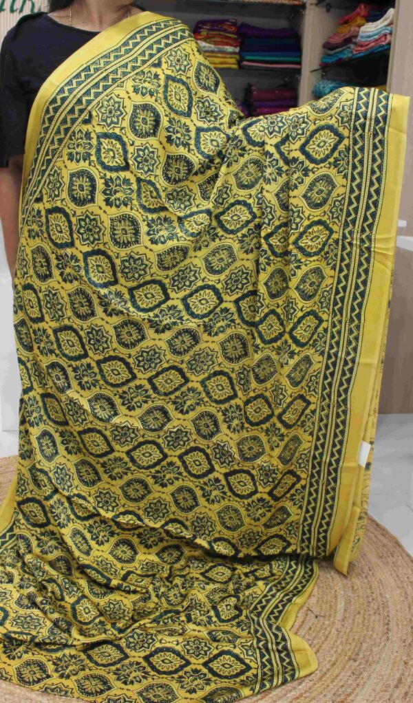 Yellow & Green Floral Ajrakh Prints Pure Modal Silk Saree