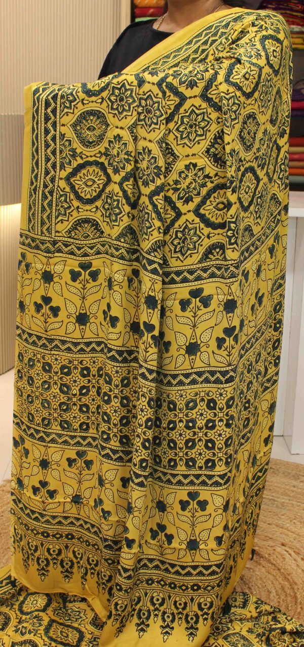 Yellow & Green Floral Ajrakh Prints Pure Modal Silk Saree - Image 2