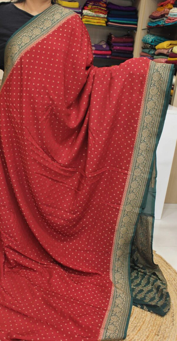 Maroon & Green Pure Khaddi Crepe Chinnon Saree