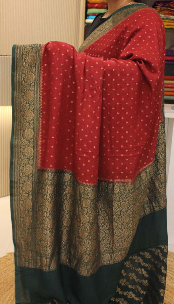 Maroon & Green Pure Khaddi Crepe Chinnon Saree - Image 3