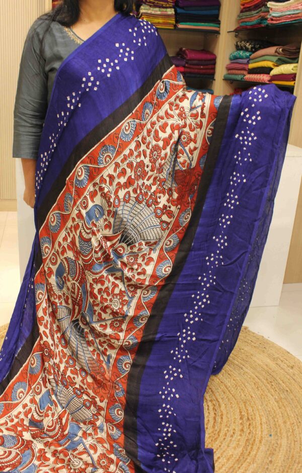 Blue and Red Bandhani And Kalamkari Gajji Silk Saree