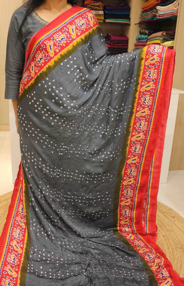 Red and Grey Bandhani Gajji Silk Saree