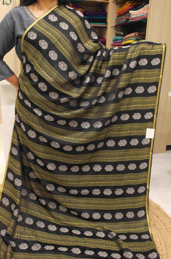 Gold & Silver Zari Woven Vertical Floral Motifs Pure Mysore Crepe Silk Saree