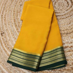 Yellow & Bottle Green M Border Pure Mysore Crepe Silk Saree