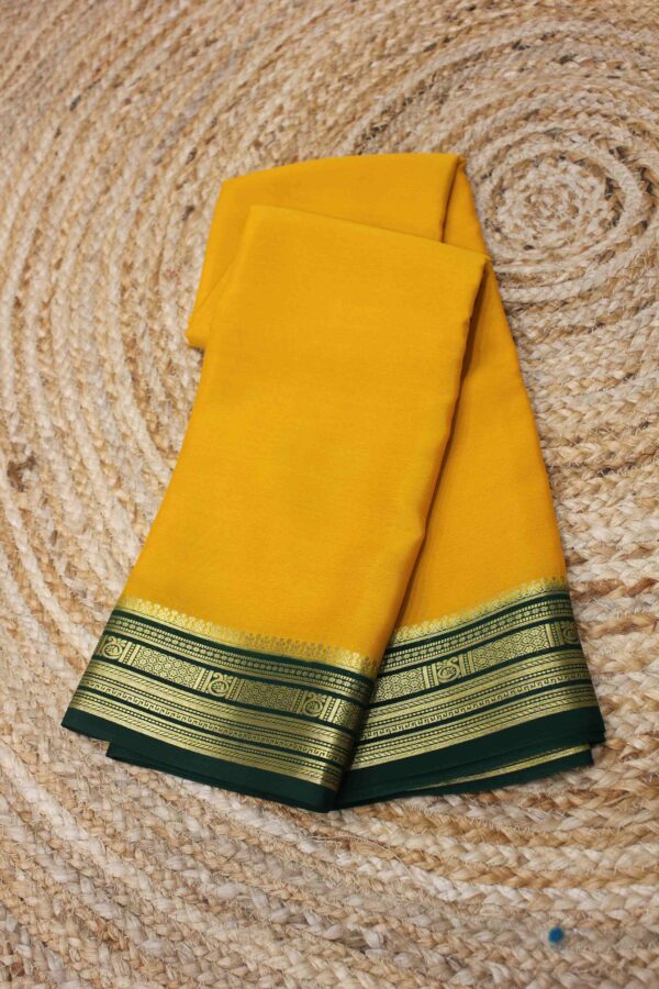 Yellow & Bottle Green M Border Pure Mysore Crepe Silk Saree