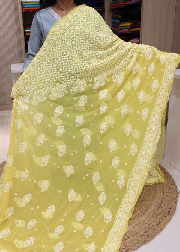 Leaf Motifs Chikankari Hand Work Chiffon Saree - Image 3
