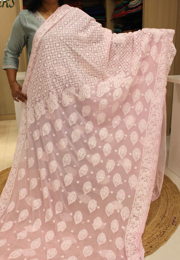 Leaf Motifs Chikankari Hand Work Chiffon Saree - Image 4