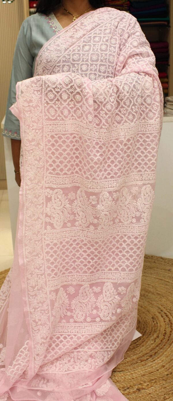 Leaf Motifs Chikankari Hand Work Chiffon Saree